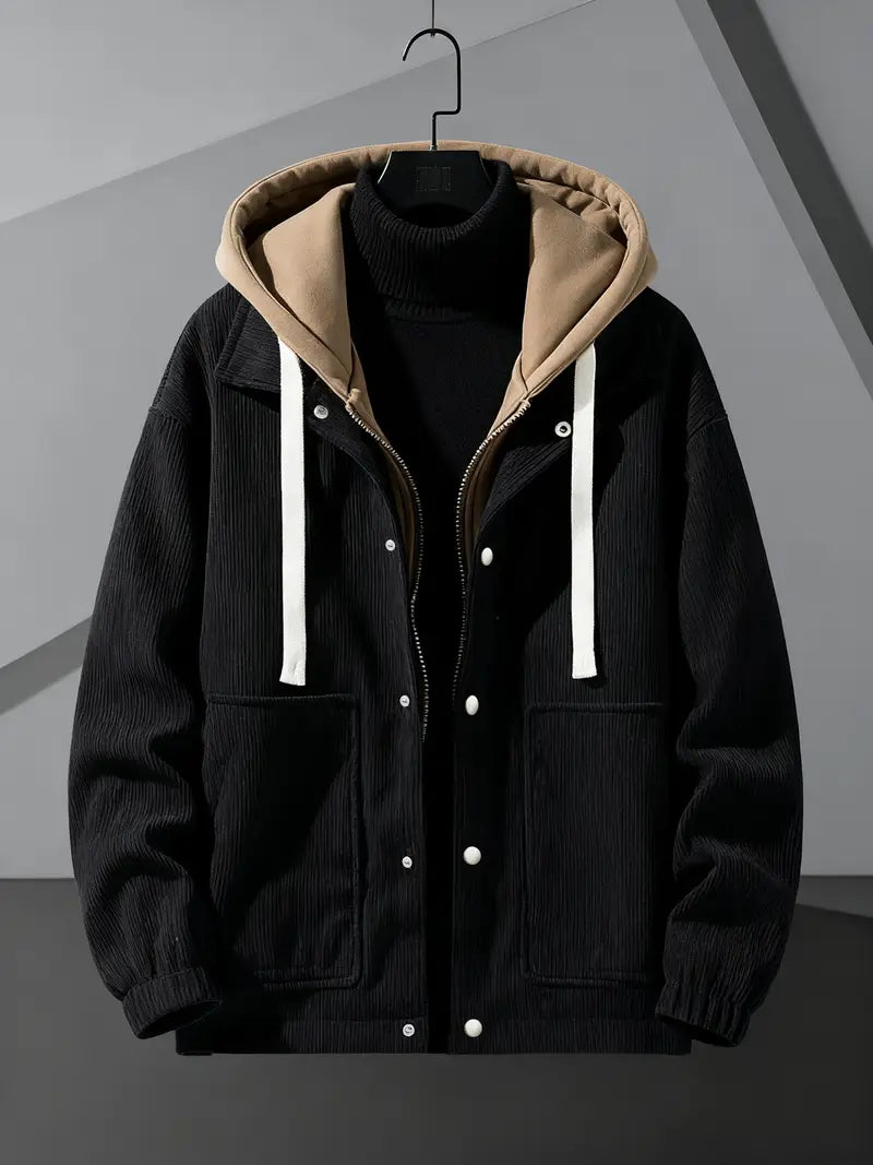 Bombjack Men’s Vintage Corduroy Hooded Jacket – Windproof Retro Winter Coat for Casual Wear